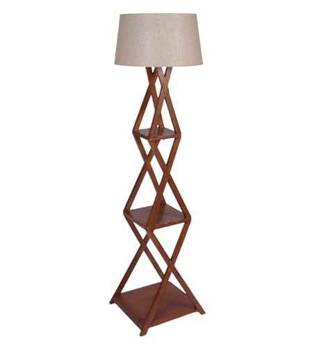 Image of XXX Modern Wooden Metal Floor Lamp with 3-Tier Storage Shelves - Geometric Cross-Frame Standing Lamp for Living Room & Bedroom - Tall Decorative Display Shelf Light with Shade