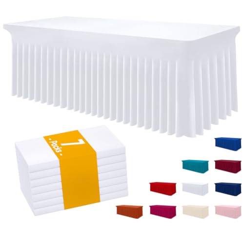Image of Smiry 7 Pack Spandex Elastic Fitted Table Cloth Skirt for 6FT Table | Stretch Washable Table Cloth, Banquet Table Cover for Wedding, Party, Indoor & Trade Shows, (White, 72Lx30Wx30H)