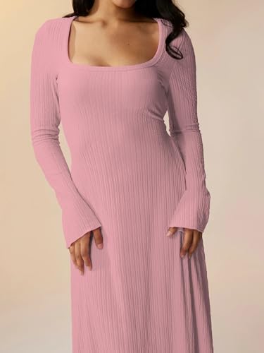 Image of Shasmi Women's Square Neck A-Line Dress - Long Sleeve, Tie Waist, Knitted Stretchable, Casual & Office Outfit, Solid Winter Midi Dress for Women (Dress 221)