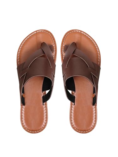 GORGLITTER Women's Leather Toe Ring Sandals Dressy Cute Summer Slip on Slides Wide Width Beach Vacation Flats Sandals
