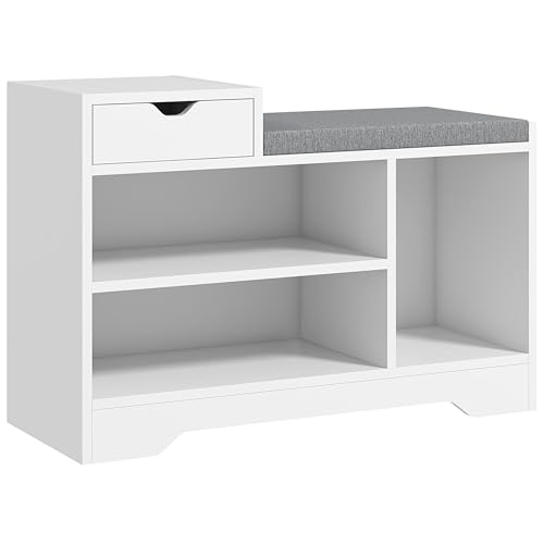 HOMCOM Banc à Chaussures, Banc de Rangement, 1 tiroir et 3 Compartiments, Meuble d'entrée avec Coussin rembourrée, pour Couloir, entrée, Chambre, 76,5 x 30...