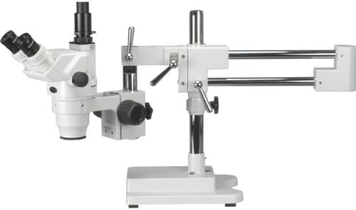 AmScope ZM-4TV3 Professional Trinocular Stereo Zoom Microscope, EW10x and EW20x Eyepieces, 2X-180X Magnification, 0.67X-4.5X Zoom Objective, Ambient Lighting, Double-Arm Boom Stand, Includes 0.3x and 2.0x Barlow Lenses