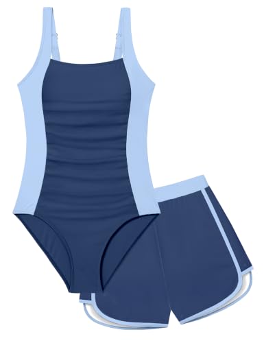 Image of Girls Swimsuit One Piece Swimsuits Color Block Bathing Suit for Girls Adjustable Strap Padded Swimwear with Shorts