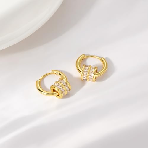 CHESKY Small Gold Earrings - Dainty Huggie Earrings for Women Hypoallergenic Cubic Zirconia Drop Hoop Minimalist Cylinder Dangle Earrings Everyday Jewelry