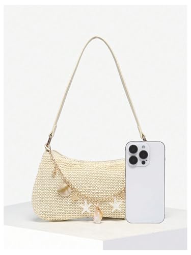 QWINEE Women's Seashell Pearl Beaded Woven Underarm Shoulder Bags Beach Vacation Top Handle Zipper Single Strap Handbag3