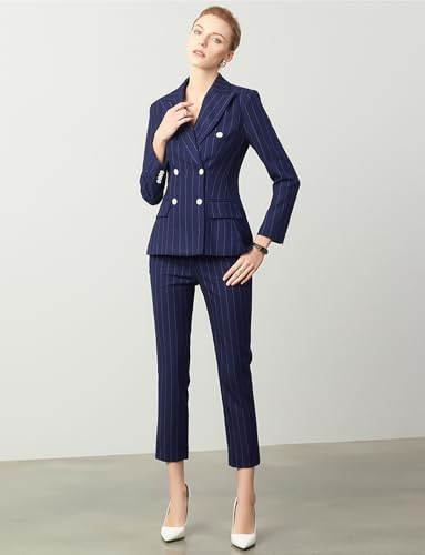 Women's Stripe Double Breasted Buttons Suit Set Business Long Sleeves Jacket and Pants for Banquet Speech3