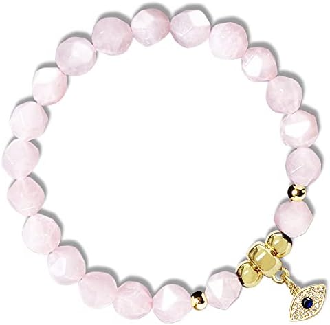 Shrandi Pink Rose Quartz Bracelet Natural Stone, Healing Crystal Bracelet For Women, Faceted Gemstone Beaded Bracelets With Charms, Spiritual Jewelry For Stress And Anxiety Relief