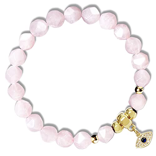 Shrandi Pink Rose Quartz Bracelet Natural Stone, Healing Crystal Bracelet For Women, Faceted Gemstone Beaded Bracelets With Charms, Spiritual Jewelry For Stress And Anxiety Relief #TOP4