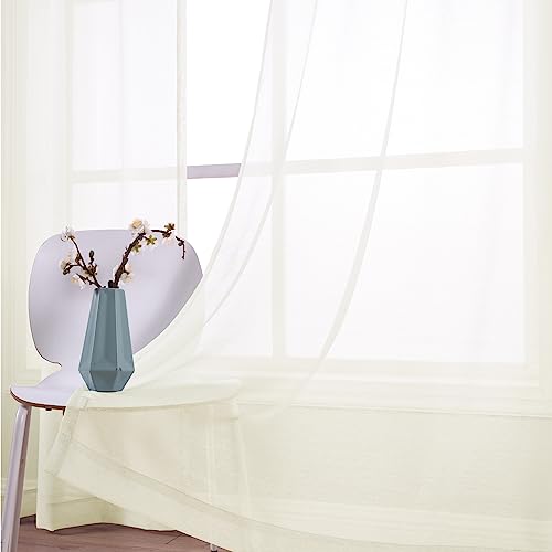 Ivory Sheer Curtains 84 Inch Length Grommet 2 Panels Faux Linen Look Voile Semi Window Sheer Curtains For Living Room Bedroom Pair Width 52 X 84 Inches Long Ring Top Ecru Light Cream Off White #TOP3