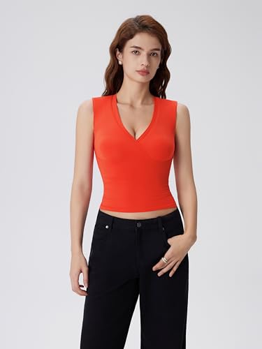Image of SUUKSESS Women Built in Bra V Neck Tank Tops Double Lined Summer Going Out Camisole Tops