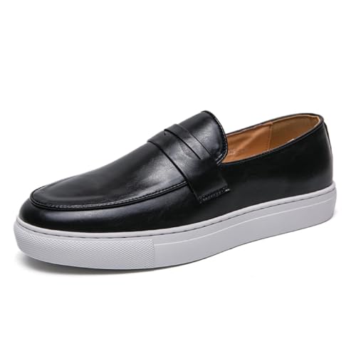 Aimery Mens Leather Platform Slip-on Casual Loafers Retro Round Toe Comfort Penny Loafers Tuxedo Walking Driving Moccasin Shoes