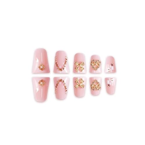 Image of White Press on Nails French Tip Fake Nails Duck False Nail with Charms Design Bow Heart Glue on Nails Glossy Full Cover Artificial Acrylic Nude Stick on Nail for Women Girls Manicure 24Pcs