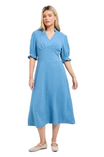 Image of Dorothy Perkins Lace Trim V Neck Puff Sleeve Midi Dress, 10, Denim-Blue