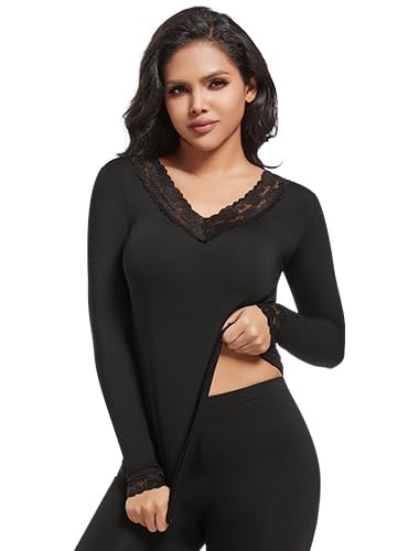 MOSCOAL Women's Thermal Underwear,Long Sleeve Undershirt with Lace V-Neck Fleece lined tops for cold weather X-Large,Black