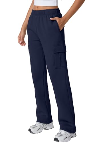 Image of QINSEN Baggy Medium Waist Elastic Sweatpants for Womens Casual Long Fleece Cargo Pants with Pockets