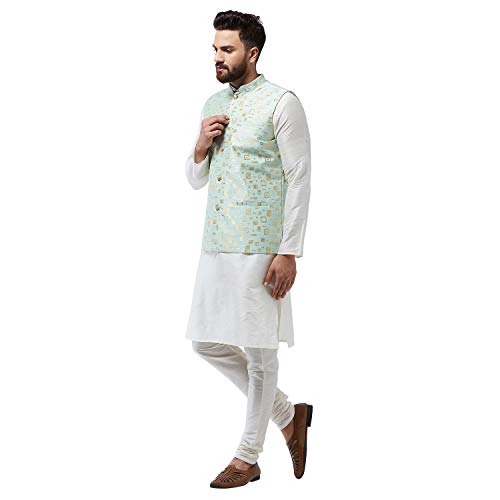 Image of SOJANYA (Since 1958, Men's Silk Blend Grey Kurta Pyjama & Silk Blend Jacket Combo