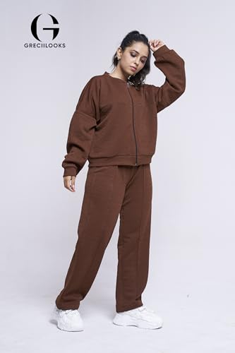 Image of GRECIILOOKS Co-ord Set for Women Stylish | Oversized Loose Fit Cotton Winter Hoodie set | Woolen Sweatshirts & Hoodies & T-Shirt For Girl | Casual Solid Full Sleeves Women Stylish Hoodie with Pocket