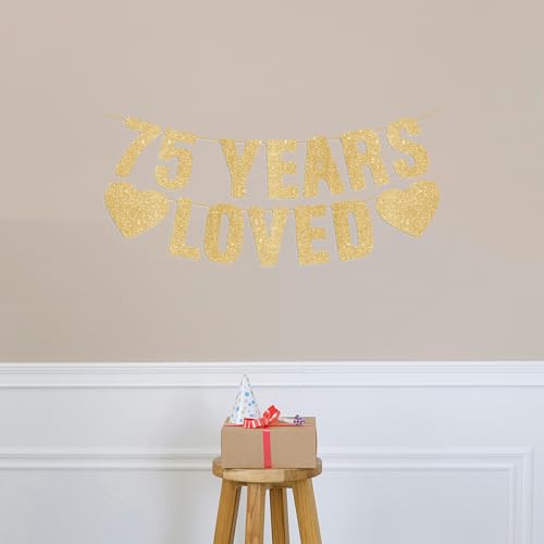 Image of Pre-Strung 75th Birthday Banner - Gold Glitter, Happy 75th Birthday Party Decorations for Women & Men, 75 Year Old Anniversary Decor Bday Sign Gifts