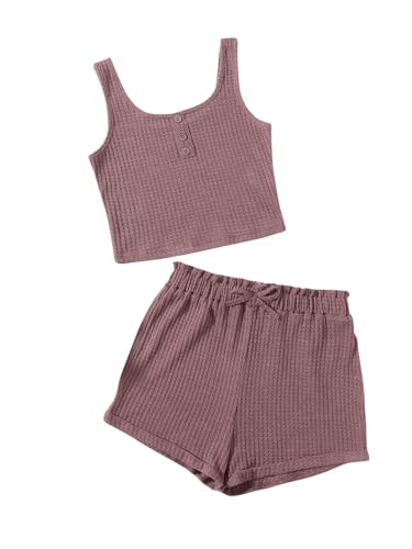 Image of RoseSeek Girl's 2 Piece Outfits Waffle Knit Scoop Neck Button Down Crop Tank Tops Paperbag Waist Track Shorts Redwood 13Y