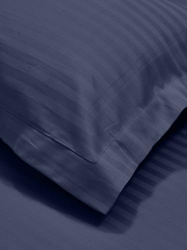 Image of Mafatlal Classic 210 TC 100% Cotton Single Bedsheet | 90 x 60 Inches Cotton | Italian Stripes Pattern | Smooth Feel & Easy Care | Navy Blue