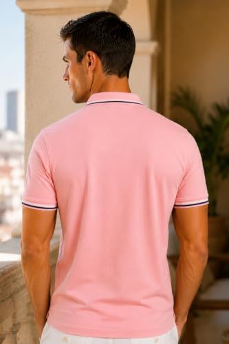 Image of Louis Philippe Men's Slim Fit Textured Collar and Cuff Solid Pique Half Sleeve Polo T-Shirt with Stretch