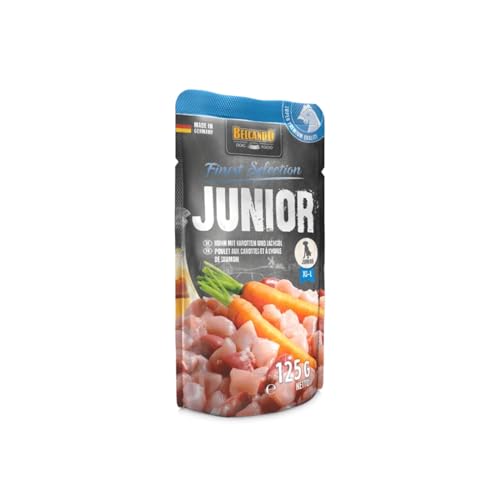 Belcando Finest Selection Junior Huhn mit Karotte | Doppelpack | 2 x 12 x 125 g | Feuchtnahrung für Hunde | Für Sensible oder wählerische Junge Hunde | Kalt gresstes Lachsöl