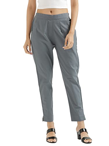 Image of SAADAA Women Cotton Pant Regular Slim Fit Trouser, Pocket Pants for Office School Formal Casual Daily Use (Cement Grey, M) | Rise Style: Mid Rise