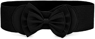 Allegra K Women Bowtie Ornament Press Stud Button Elastic Waist Cinch Belt Black