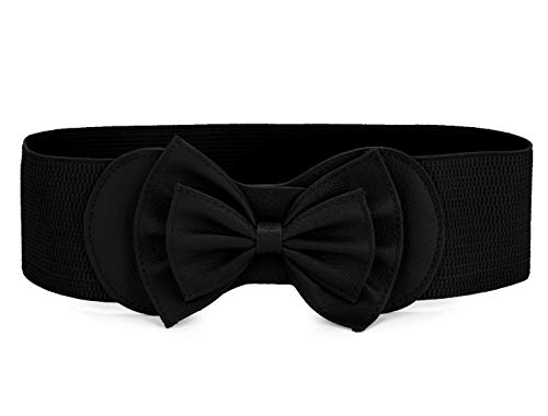 Allegra K Women Bowtie Ornament Press Stud Button Elastic Waist Cinch Belt Black