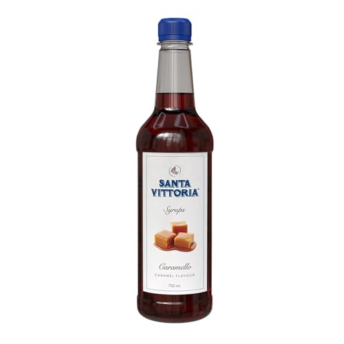 Santa Vittoria Caramel Syrup, 750 ml. Perfect for coffees, desserts, mochas, smoothies, shakes and cocktails.
