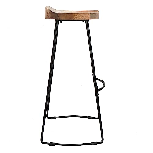 Butaco artesanal TIVA de 30 pulgadas, asiento de madera de mango marrón natural y base metálica negra, estilo industrial, con reposapiés miniatura 6
