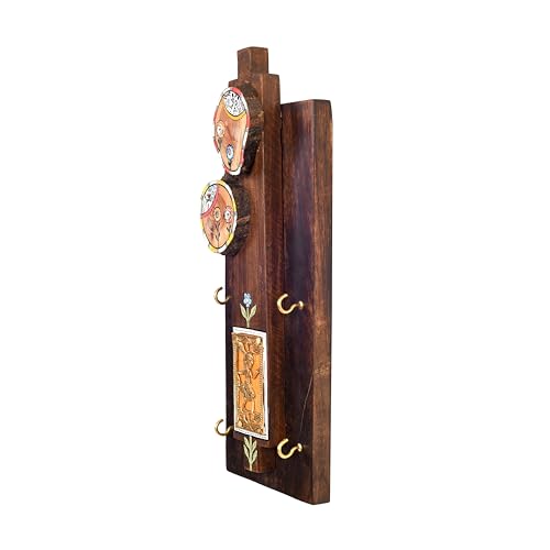 Image of AAKRITI ART CREATIONS Key Holder, Prabha Key Hanger with Brass Motifs and Beautiful Artwork | Rustic Dhokra & Wooden Wall Organizer with 4 Hooks | New Home Gifts.