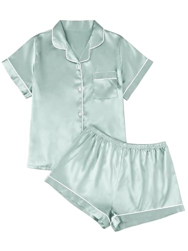 Image of AUTOMET Women Silk Satin Fall Pajama Set Matching Lounge Pjs Button Up Soft 2 Piece Suit Ladies Tops and Shorts