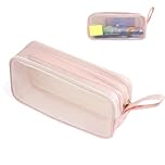 Hopton Clear Pencil Case, Transparent Pencil Case for Exams, See Through Pencil case, Large Capacity Pen Bag, Compartment Pencil Pouch, Make up Bag for Girls Boys School Stationery (Pink)