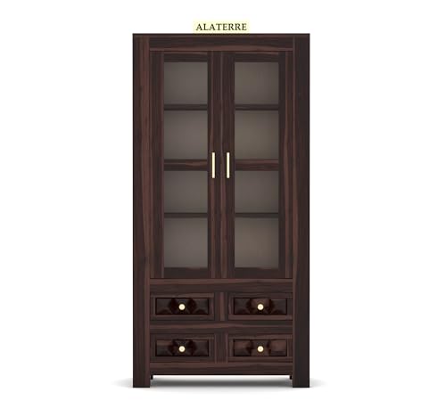 Image of Wood Book Shelf with Glass Door, Wooden Bookshelf for Home Library, Kitchen Crockery Cabinet, Study Room Furniture, Books Rack, Bookcases, Walnut Finish