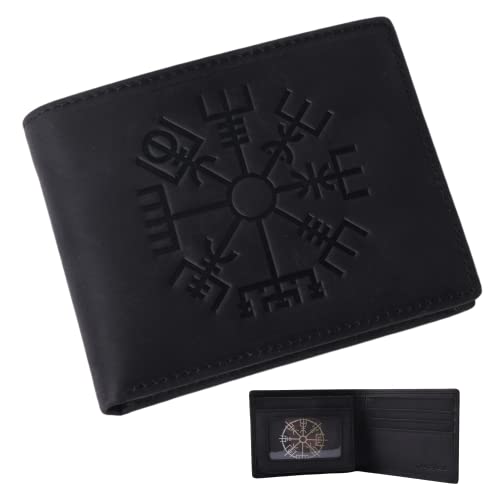 Genuine Crazy Horse Leather Wallet – Viking Vegvisir Engraved Black Bifold Wallet – Rfid Blocking Runic Compass Signpost Design Leather Wallet For Protection, Fits Up To 10 Cards #TOP28