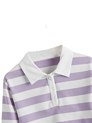 Image of Floerns Girls Striped Print Long Sleeve Half Button Collar Crop Tops