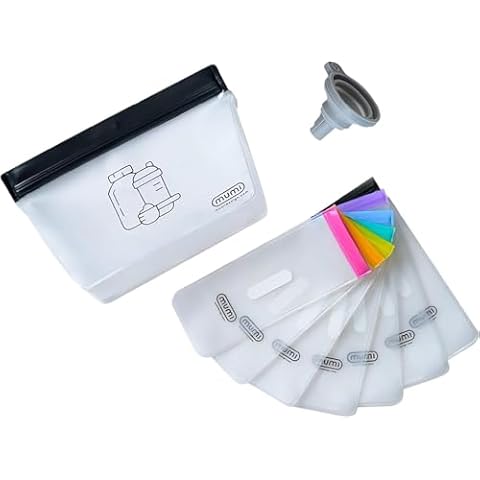 MUMI Single Dose Kit - 7pc (2.36” x 6.14”) Single Dose Reusable Powder Supplement Packets - 8” x 5” Powder Travel Containers Zip Up Bags Cover