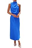 PRETTYGARDEN Women's 2025 Summer Satin Dress Elegant Sleeveless Mock Neck Cocktail Party Maxi Dresses (Brilliant Blue,Small)