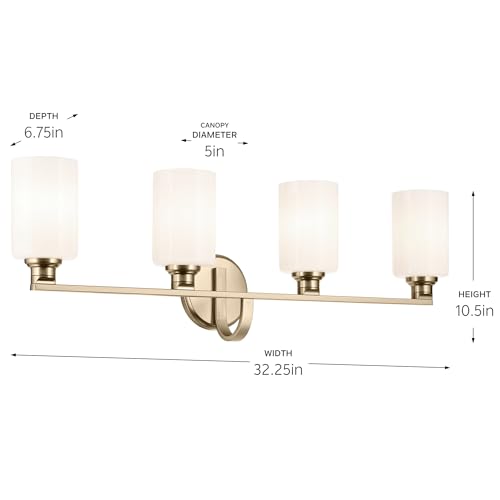 Image of Kichler Gioe 4-Light Vanity Light Fixture with Opal Glass in Champagne Bronze, Wall Mounted Bathroom Light for Mirror, Damp Rated (32.25 inch x 10.5 inch x 6.75 inch), 55227CPZ