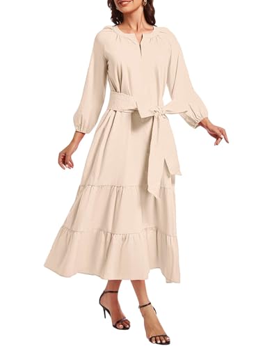 Image of YEXPINE Women's Ruffle Maxi Dress Puff Sleeve Flowy Tiered Long Dress with Belt