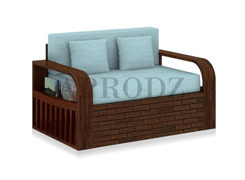 Image of APRODZ Solid Sheesham Wood Sofa Cum Bed 2 Seater Velevt Fabric with Turquoise Upholstery Sofa Furniture for Home Living Office Room and Guests (Walnut Finish 75x51x30-Inch)