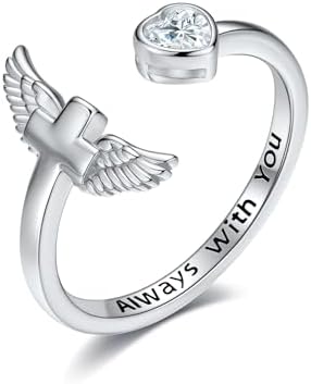 HUKKUN Angel Wings Cross Ring Sterling Silver Always With you Ring for Women