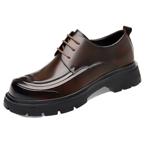 Image of Men's Genuine Leather Platform Chunky Heel Oxfords Fashion Round Toe Slip On Lug Sole Business Dress Lace-Up Penny Loafers for Party Wedding Prom Work Shoes