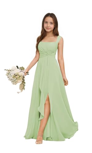 Farichos Chiffon Junior Bridesmaid Dresses Sage Green Flower Girl Dresses Slit Long Spaghetti Straps Formal Dress for Teens Size 10