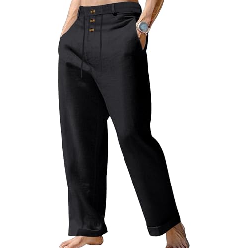 Men's Baggy High Waist Drawstring Pants Casual Button Cotton Linen Trousers Solid Breathable Beach Sweatpants (Black,XX-Large)