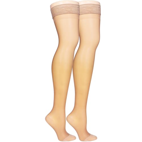 Image of NuVein Sheer Compression Stockings for Women, 15-20 mmHg Support, Medium Denier, Thigh High, Closed Toe, Beige, X-Large