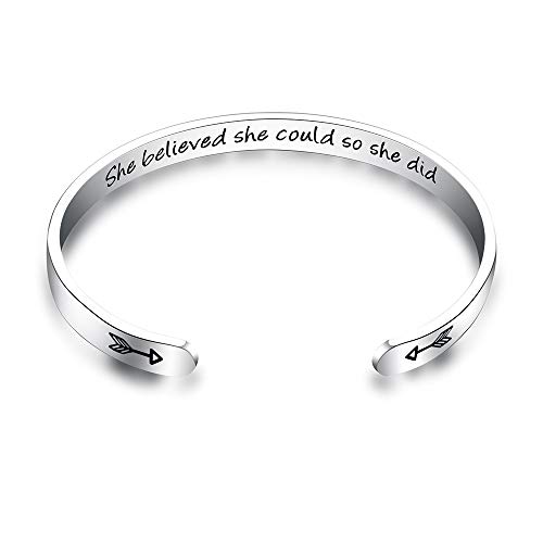 Bracelet Bangle Cuff For Women Inspirational Bracelets Gift Motivational Mantra Quote Positive Saying Engraved Stainless Steel Adjustable Bangle Encouragement Jewelry Men Teen Girls Kids Silver