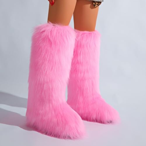 Image of Valpeak Womens Faux Fur Boot Winter Fluffy Long Furry Boots for Girls Outdoor Fuzzy Knee-High Boots(Pink,13)