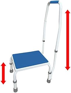 AdjustaStep(tm) Deluxe Step Stool/Footstool with Handle/Handrail, Height Adjustable. 2 Products in 1. Modern White/Blue Design. Padded Non-Slip Handle. 300 lb. Capacity